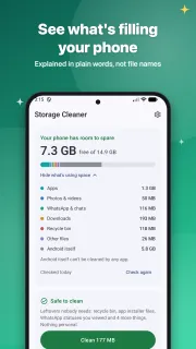 The home screen: free space, what uses it, and a safe clean-up button