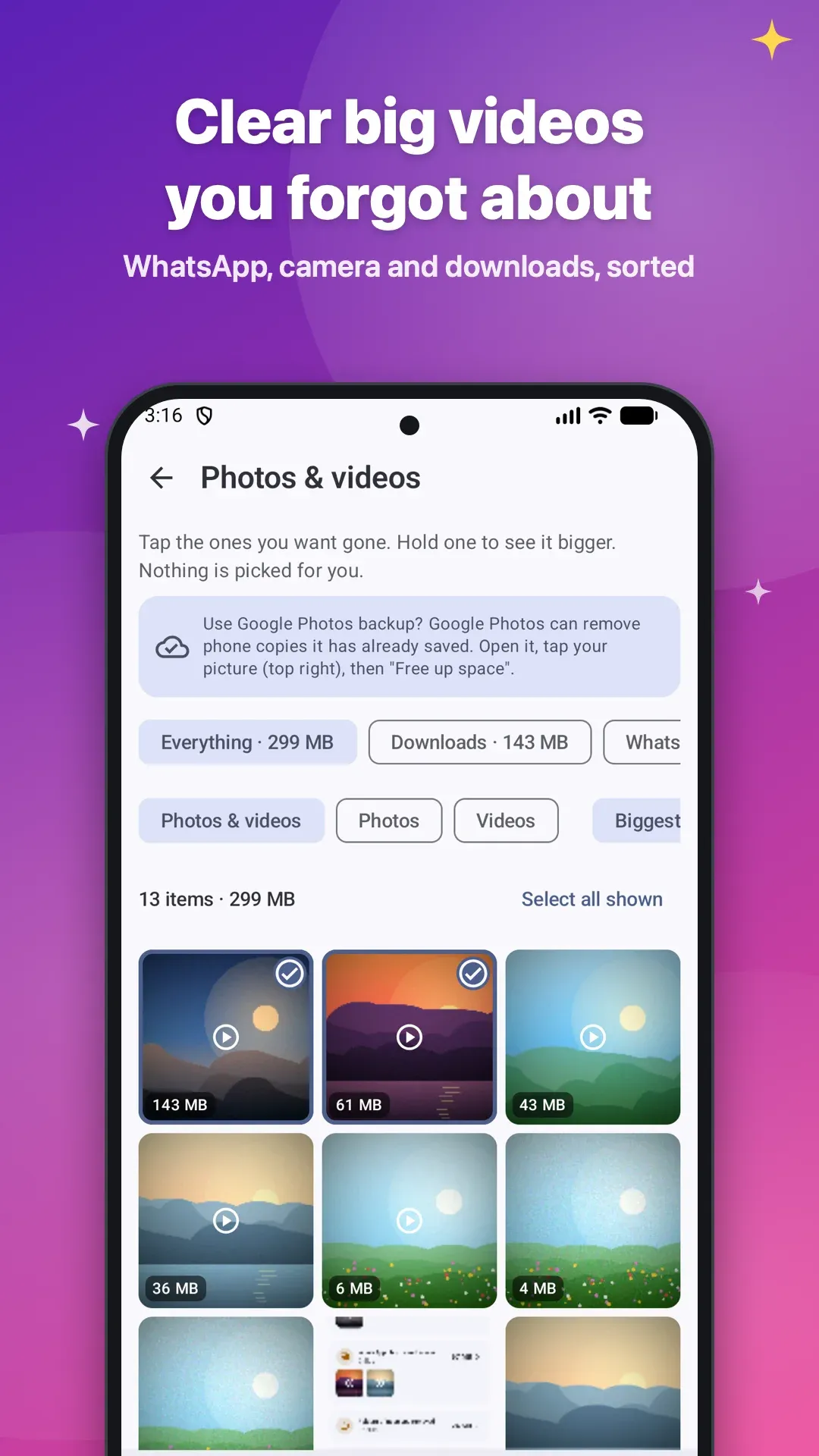 Photos and videos sorted by size, with nothing picked for you