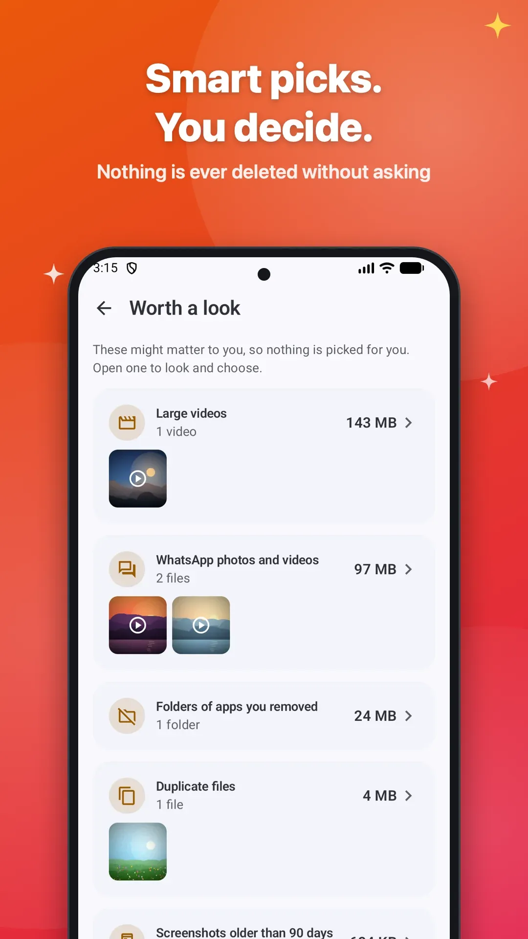 Worth a look: large videos, WhatsApp media, leftover app folders and duplicates