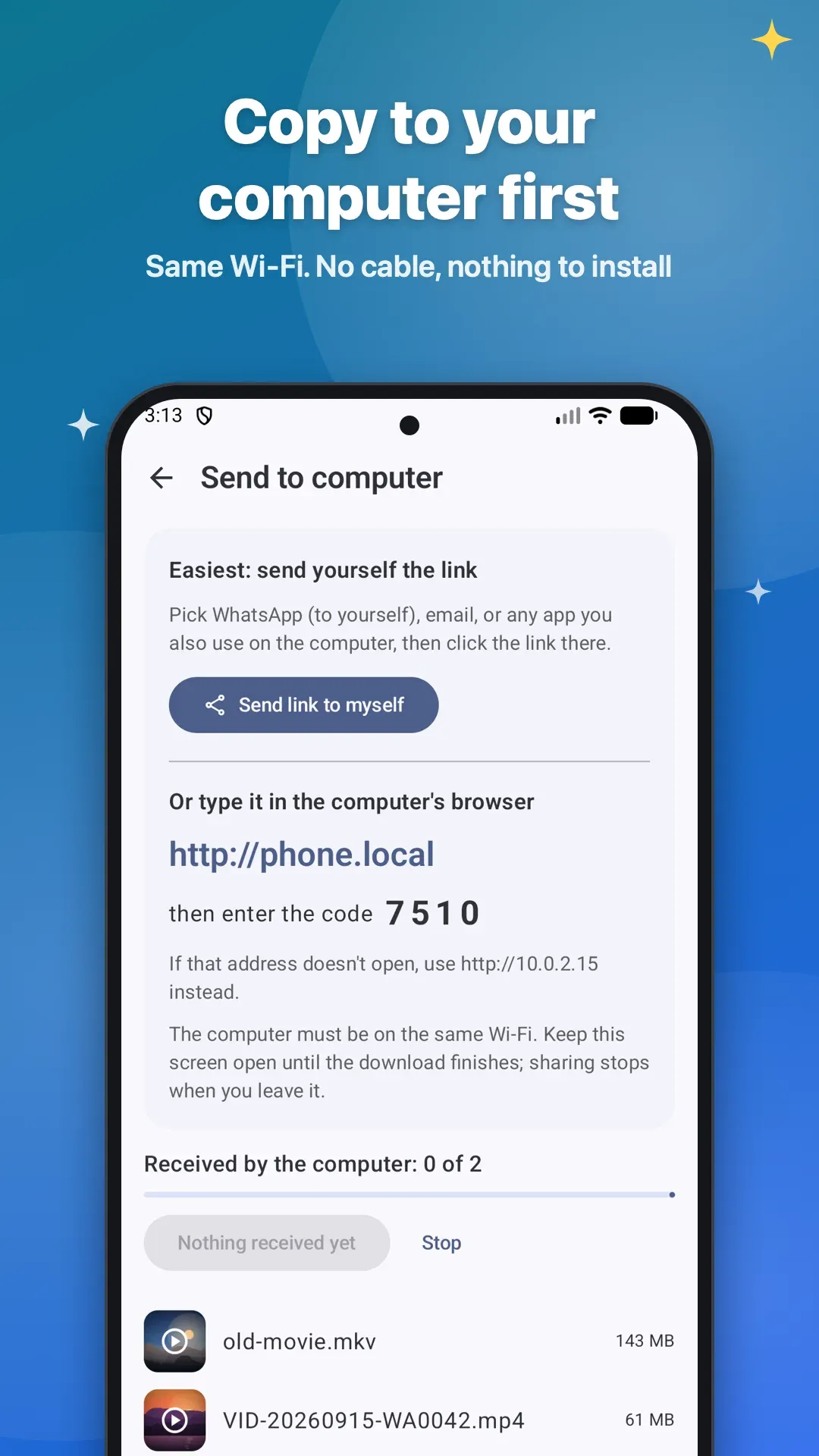 Sending files to a computer on the same Wi-Fi with a 4-digit code