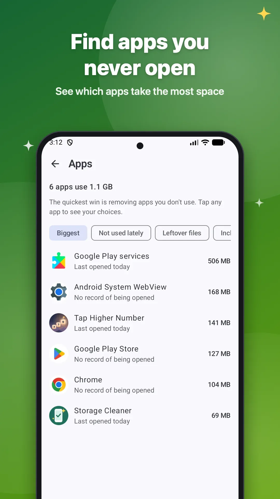 Apps sorted by size, with when each was last opened