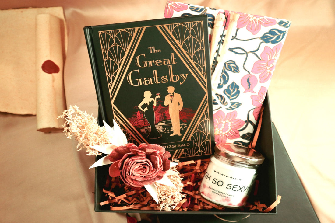 Luxury relaxation gift hamper featuring The Great Gatsby, handmade diary, and scented candle